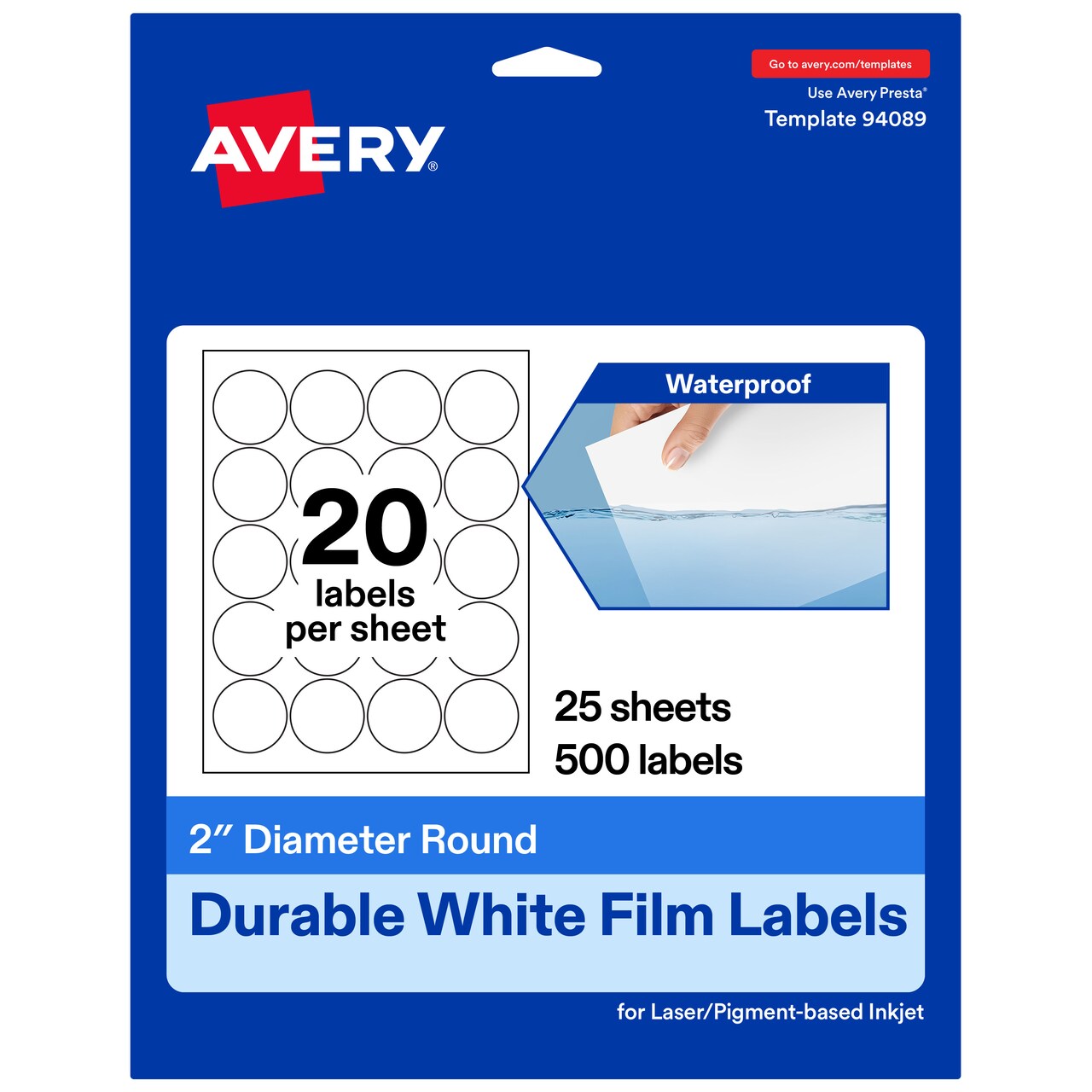 Avery® Durable White Round Waterproof Labels, 2" Diameter, Laser/Pigment-based Inkjet Printer Compatible, 1000 Printable Labels Total, Great for Branding, Packaging, and More